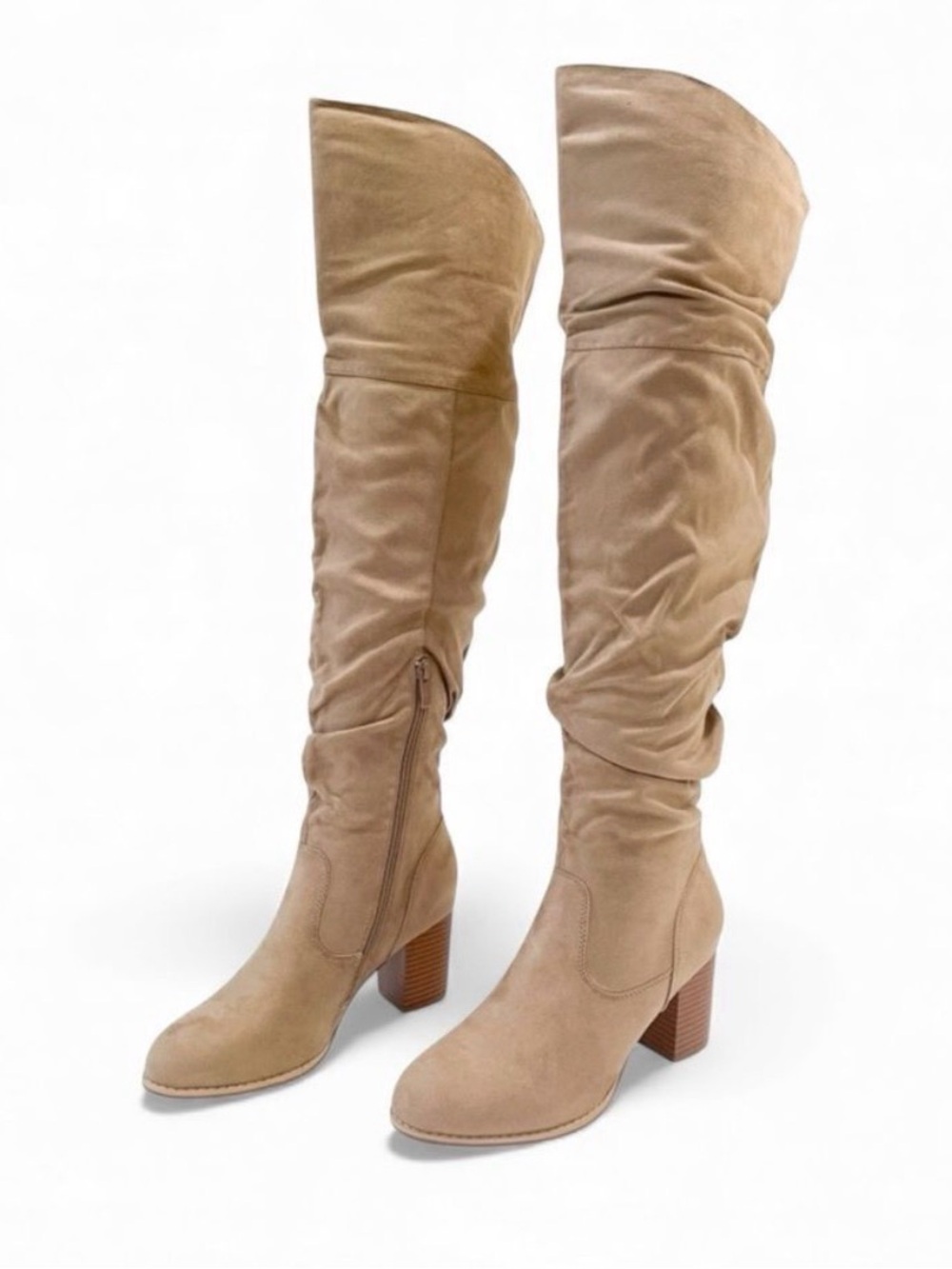 Journee Kaison Over The Knee Boots Ruched Faux Suede Block Heel Tan 7 NEW